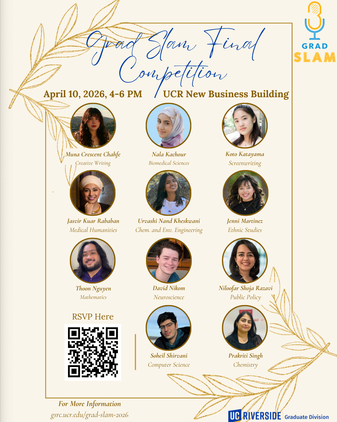 flyer with pictures of 2026 Grad Slam Finalists