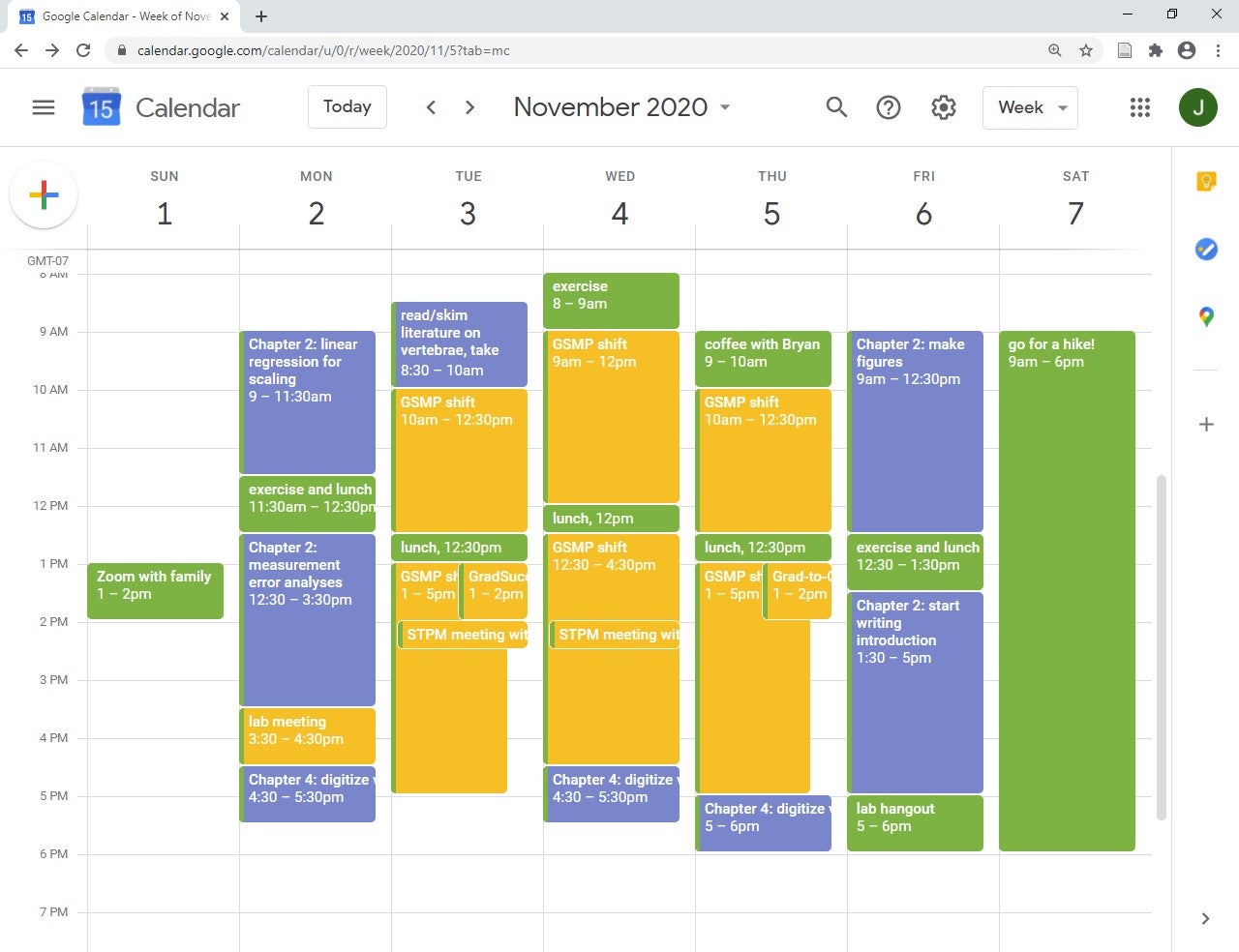 This screenshot shows a week from a Google calendar. Items are color-coded by category: meetings and shifts at work are in yellow; research-related tasks are in purple; non-work tasks such as exercise, coffee with a friend, and a weekend hike are in green.