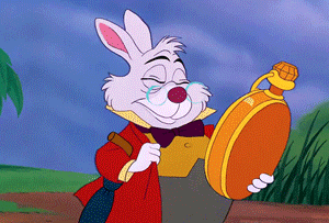 The White Rabbit from Alice in Wonderland shocked by the time on his watch