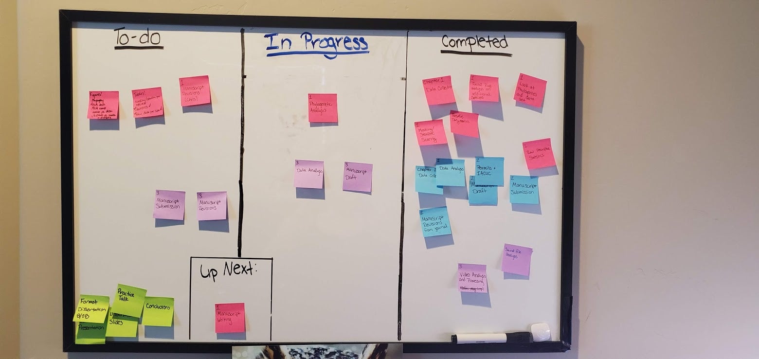 This photo demonstrates one way to implement the Kanban method. A markerboard has three columns labelled “to-do,” “in progress,” and “completed.” Post-it notes in each column contain items such as “permits,” “data collection,” and “practice talk.” The post-it notes are color-coded by dissertation chapter.