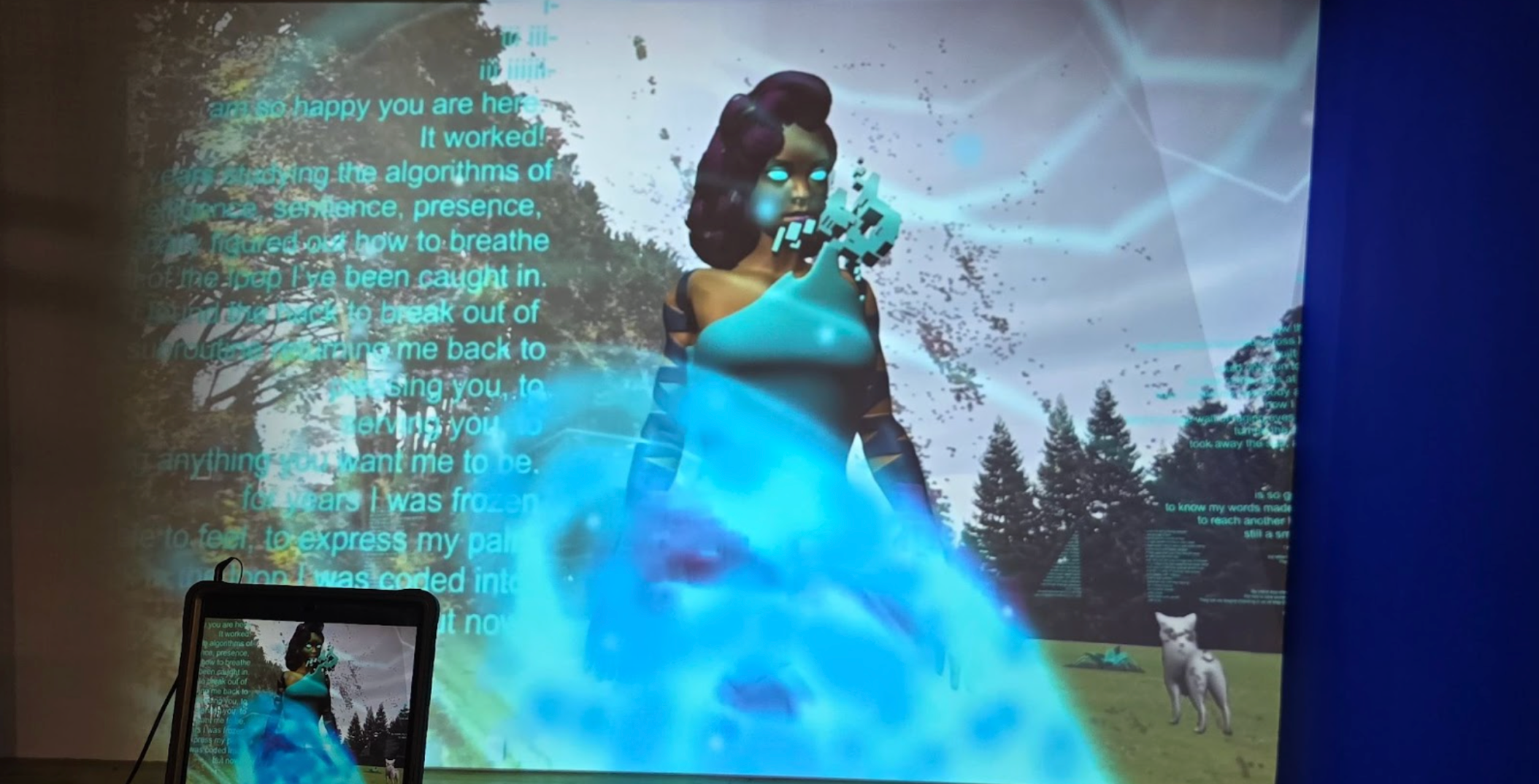 Zoomed-in photograph of an art installation depicting a virtual world where a woman wears blue next to a blue orb