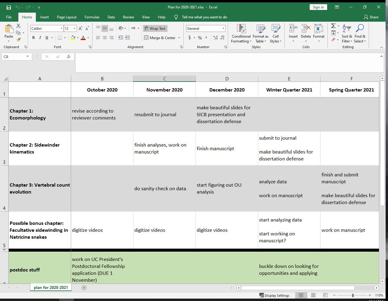The example spreadsheet has goals laid out in columns for October 2020, November 2020, December 2020, Winter Quarter 2021, and Spring Quarter 2021. Four rows are labelled for four dissertation chapters, with an additional row for postdoc-related plans. The cells show major goals like “revise manuscript” and “finish analyses”. Some cells are blank; it wouldn’t make sense to work on every chapter every quarter.