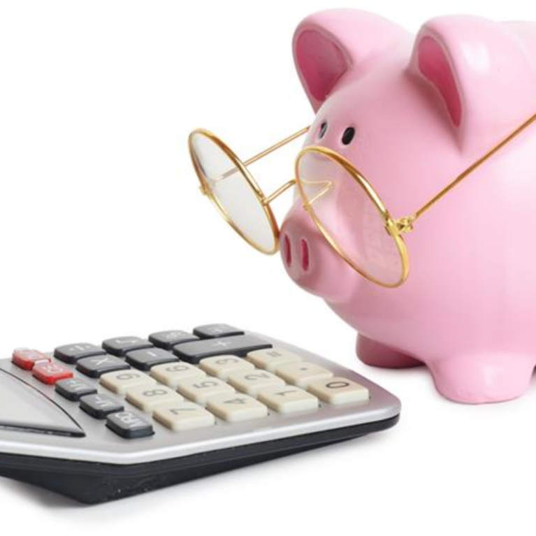 A piggy bank wearing glasses looking at a calculator 