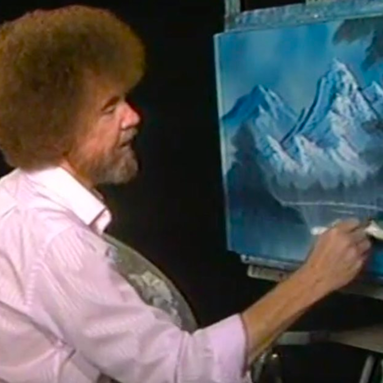 Screenshot of Bob Roos holding his palette and adding a tree to a painting