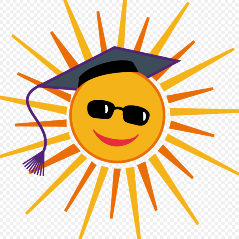 A shining sun wears sunglasses and a graduation cap