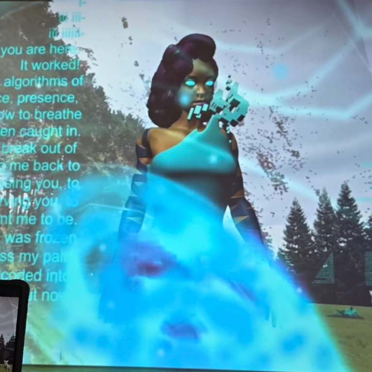 Zoomed-in photograph of an art installation depicting a virtual world where a woman wears blue next to a blue orb