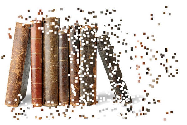 Books disintegrating into pixels