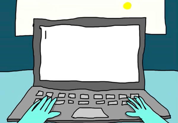 Hands typing on laptop underneath a window with the sun in it