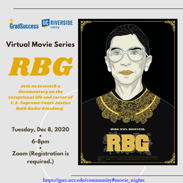 Movie poster showing a drawing of late Justice Ruth Bader Ginsburg with her iconic lace collar. 