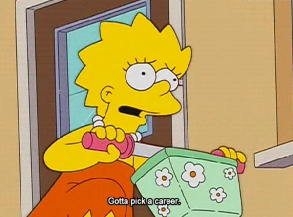 Lisa Simpson rides her bicycle while saying, "Gotta pick a career."