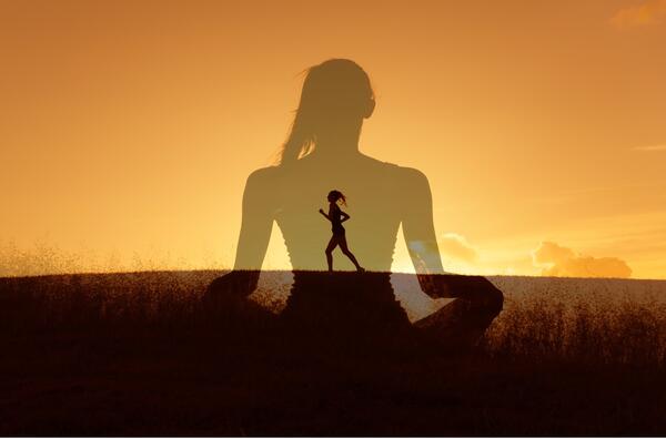 silhouette of a woman running in a larger silhouette of a woman sitting with legs crossed