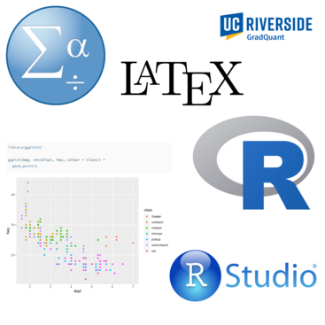 Logos for R, LaTeX, RStudio, and statistics, and a graph drawn using ggplot2.