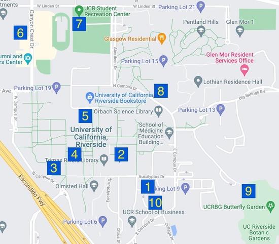 A map with 10 places to visit on UCR's campus