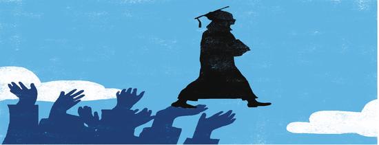 College graduate walking through the sky while being lifted up by people below